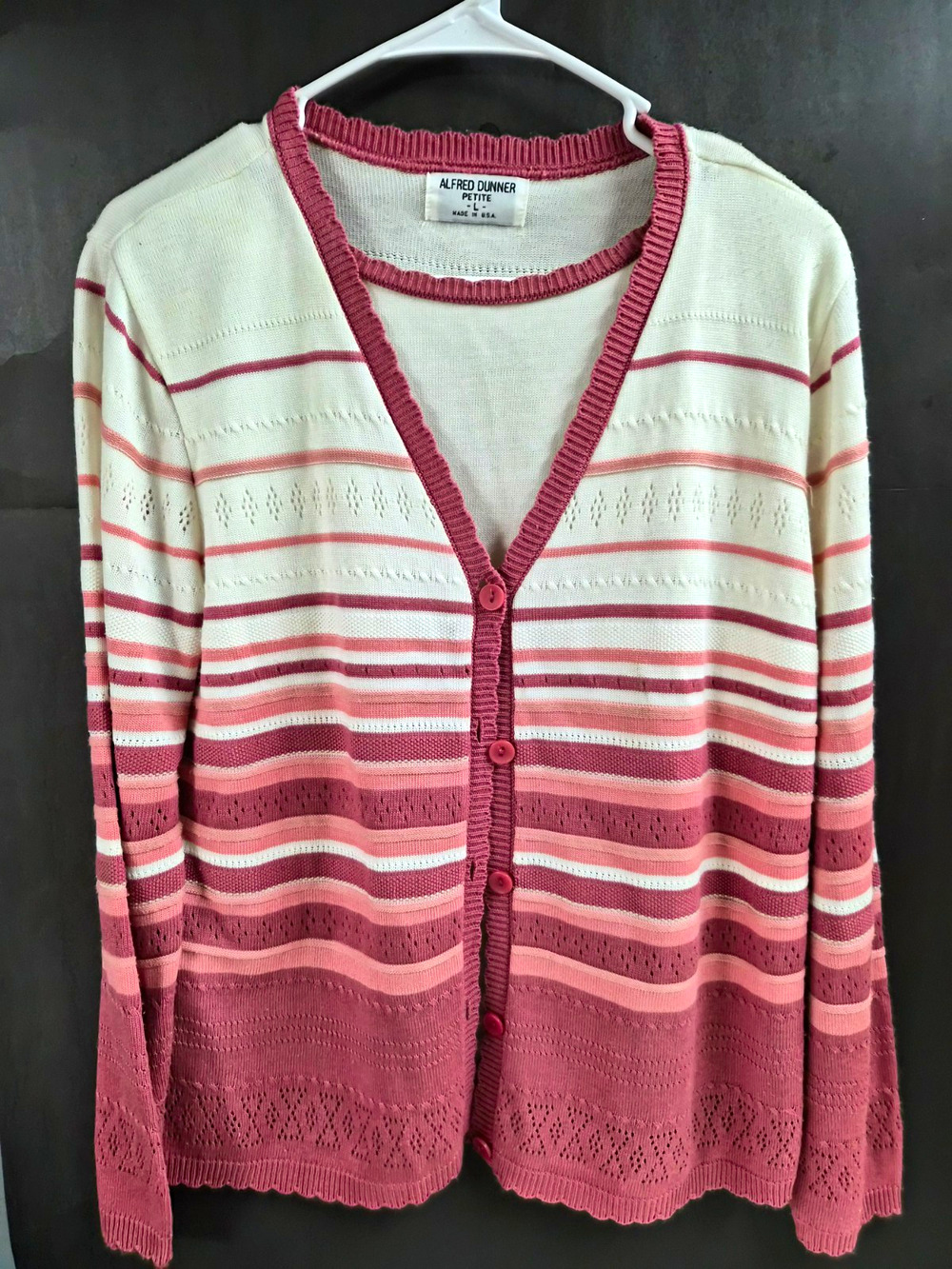 Alfred Dunner Women’s Cardigan Sweater L Regular Pink/White Striped V-Neck
